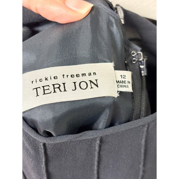 Teri Jon Rickie Freemana Striped Sleeveless Sheer Formal Mini Dress Navy Blue 12 - Picture 3 of 4